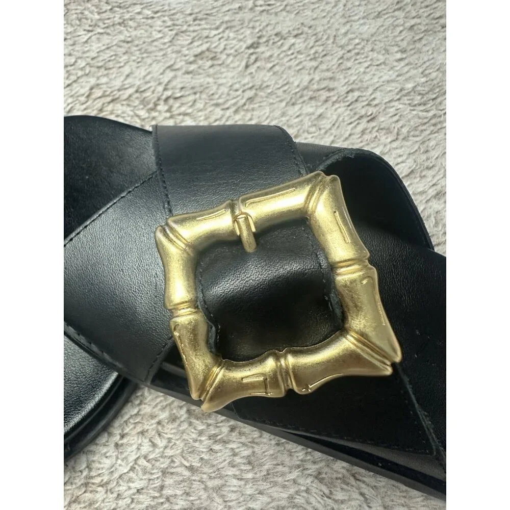 Schutz Enola Cross Slides Womens Size 5 B Black Leather Gold Bamboo Buckle Shoes